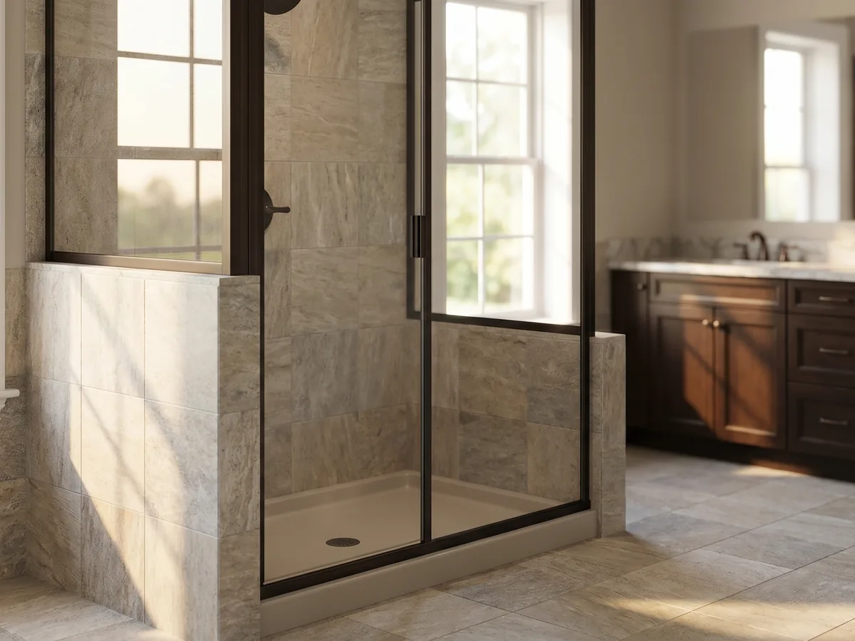 Semi-frameless shower door installation with light aluminum framing