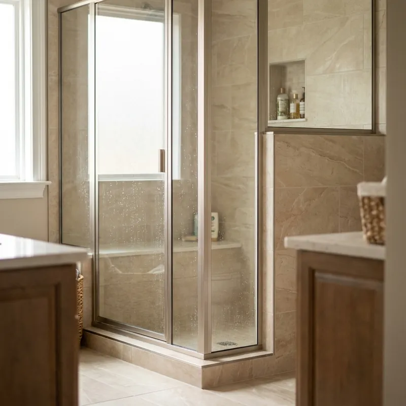 Recent semi-frameless shower door installation — corner enclosure with brushed nickel hardware