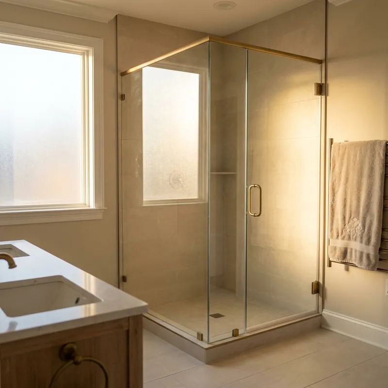 Recent semi-frameless shower door installation — 90 degree corner in beige with brass hardware