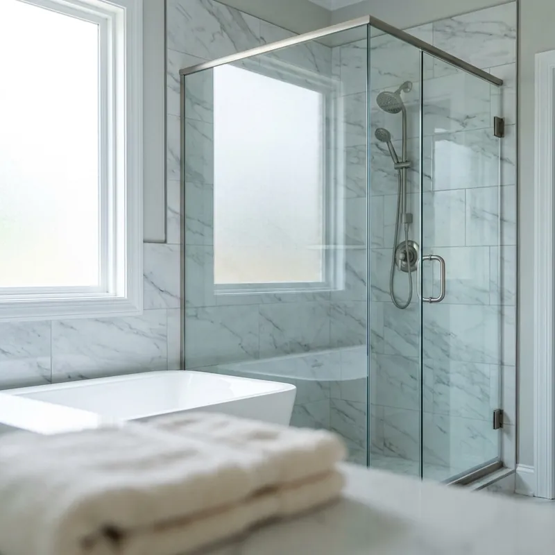 Recent semi-frameless shower door installation — over-tub enclosure in marble-look tile with brushed nickel