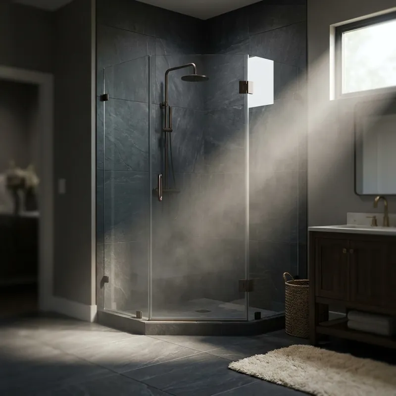 Recent semi-frameless shower door installation — neo-angle in dark slate tile with oil-rubbed bronze hardware
